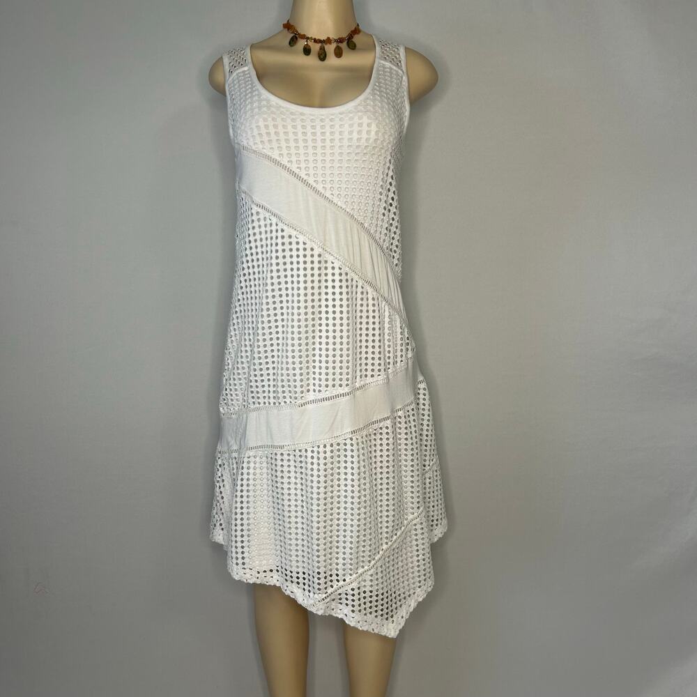 Joan Vass New York White Eyelet Mesh Sleeveless Dress Size S Asymmetrical Hem